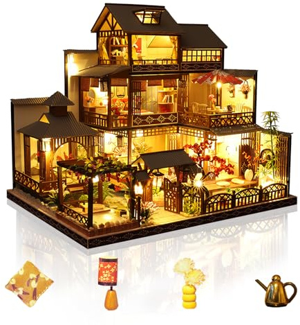 Cuteefun Casa de Muñecas en Miniatura con Luz LED, Modelos de Madera Hechos a Mano, ¡Construye la Casa de Tus Sueños, Cumpleaños y Navidad (Patio de Ocio)
