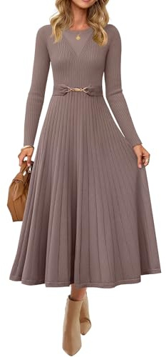 ZESICA Women's Long Sleeve Midi Sweater Dress 2026 Fall Crewneck Knit A Line Pleated Flowy Long Dresses with Belt,Khaki,Large