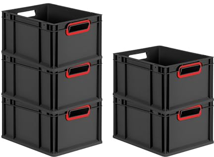 PROREGAL SparSet 5x Eurobox NextGen Color | HxBxT 22x30x40cm | 20 Liter | Griffe rot offen | Schwarz | Eurobehälter, Transportbox, Transportbehälter, Stapelbehälter