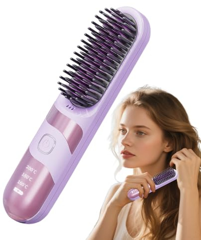 Renchey Plancha De Pelo Portátil,Cepillo Rizador Eléctrico | Alisador Iónico Sin Cable 2 En 1 Antiquemaduras Para Todo Tipo De Cabello