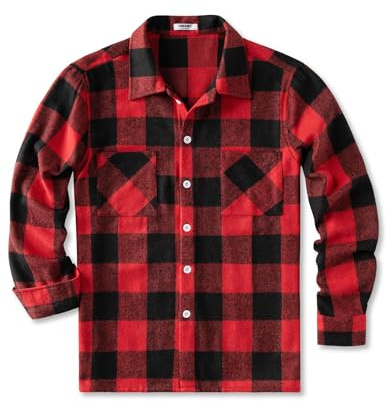 COOFANDY - Camicia in flanella da uomo, a quadri, a maniche lunghe, stile casual, con colletto abbottonato, camicia da tempo libero, camicie invernali con tasca sul petto, Colore: rosso, XL