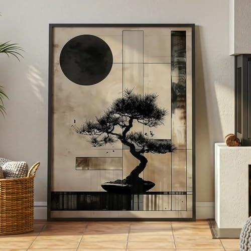 DekoArte – Cuadro decorativo Japandi 70x100 cm | cuadro con marco de madera negro incluido estilo japonés | Equilibrio natural | Hecho en España