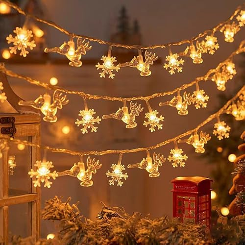 Catena luminosa a LED con fiocchi di neve e angeli, luce bianca calda, 3 metri, 20 LED, illuminazione natalizia per interni, illuminazione decorativa