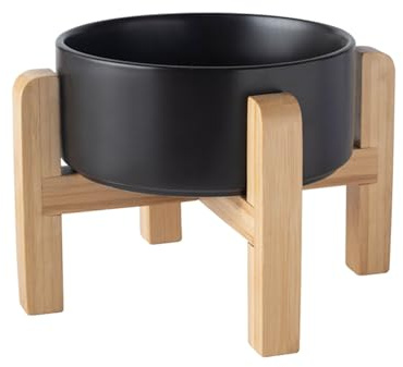 Keramik Hundenapf mit Bambus Ständer, 400ML/13.5OZ Erhöhter Futternapf & Wassernapf für Mittelgroße und Große Hunde, rutschfeste Keramikschale, Spülmaschinenfest, Anti-Würgen Design (Schwarz)