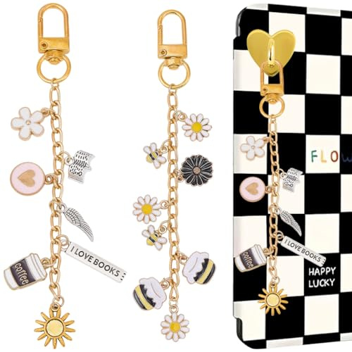 BEAMARKER 1 Boîte 2 Charms Chaîne pour Kindle Alliage Email Marguerite Fleur Aile d'abeille Charms avec Boucle Rotative Dorée pour E-Reader Téléphone portable Livre Amateur Téléphone portable Sac à ma