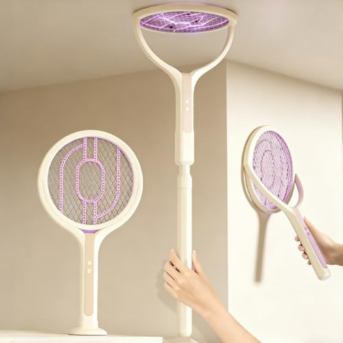 Elektrische Fliegenklatsche, 180° Rotierender Kopf Fliegenklatsche Elektrisch, Wiederaufladbar Insektenvernichter Elektrisch mit LED-Licht, USB-Ladestation und Teleskopstiel (Beige)