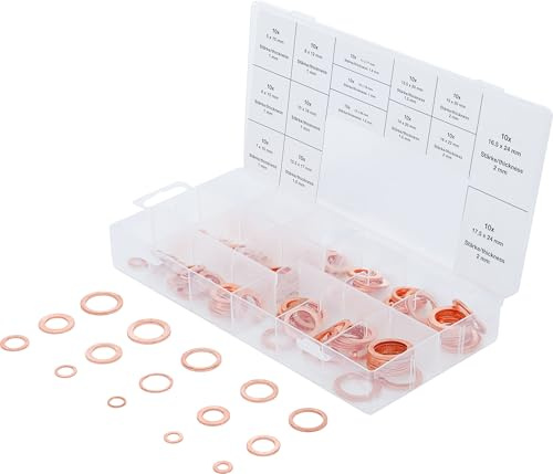 BGS 8052 | Dichtring-Sortiment | 150-tlg. | Kupfer | inkl. Sortimentskasten | Kupferringe | Kupfer-Dichtringe | Unterlegscheiben