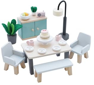 Le Toy Van - ME056 - Sala de Estar de casa de muñecas, Juego de Muebles de Madera, Edad 3, 18 Piezas, Juguetes ecológicos, Montessori, Incluye Mesa, sillas, aparador, Planta de Interior