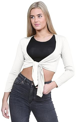 janisramone® Women's Cardigans, Plain Long Sleeve Bolero Cardigans for Women - Front Tie Cropped Cardigan, Perfect Shrug for Layering Over Summer Dresses White