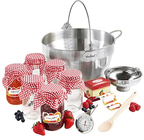 VonShef Jam Making Kit, Includes 6 Jam Jars with Lids, Induction Hob Safe Maslin Pan, Thermometer & Spoon, For Homemade Jams, Chutneys & Preserves