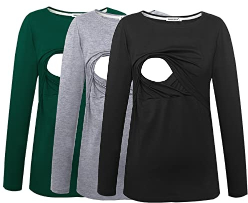 Smallshow Damen Still-Tops Bequemes Langarm Stillen T-Shirt Mittel Grün/Schwarz/Grau (Baumwolle)