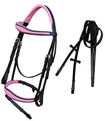 Exion rosa engelsk träns för hästar | Anatomiskt snaffle näsband och pannband hoppande engelskt träns med blixt | kunglig engelsk träns