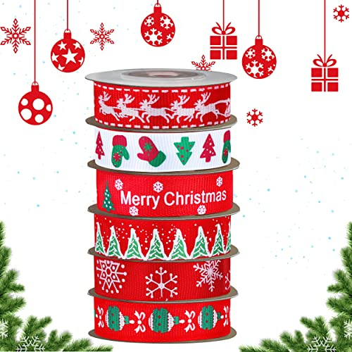 Funnlot Christmas Ribbons 6 Pack for Gift Wrapping & Crafting - Red Xmas Ribbon Rolls