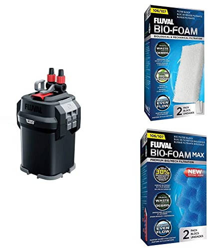 Fluval 107 Außenfilter für Aquarien, von 40 bis 130l+ Bio-Foam Schaumstoffpatrone + MAX Schaumstofffilter, mit vergrößerter Oberfläche für Fluval Außenfilter 106 und 107