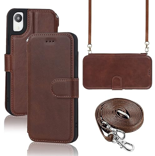 ELTEKER Hülle für iPhone X/XS Handyhülle mit Band Crossbody Strap, Klapphülle mit dem Verstellbaren Umhängeband - Braun