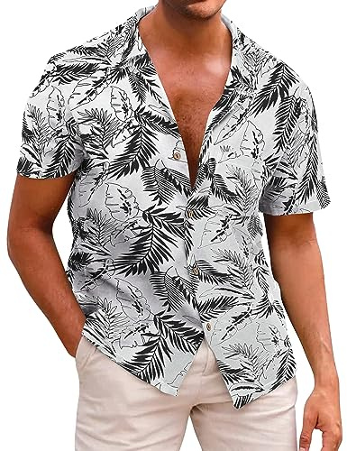 Beotyshow Camisa hawaiana para hombre, camisa de ocio, manga corta, algodón, flores, vacaciones, verano, playa, camisa de viaje, A: Blanco, XXXL