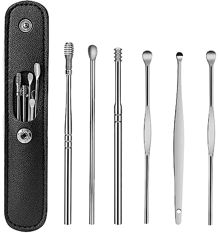 Ear Wax Removal Kit, 6 Pcs Stainless Steel Ear Spoon Ear Wax Cleaner,Reusable Ear Wax Remover Set With Leather Storage Case for Personal and Home Use Ear Cleaner Tools (black)