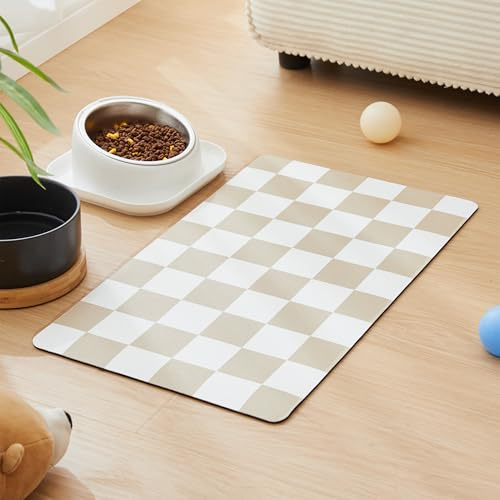 Ralxion Tapis d'alimentation à Carreaux pour Chien, Tapis Absorbant pour gamelle d'eau et de Nourriture pour Chien, Distributeur, rétro esthétique, Beige, Motif Damier, Tapis de Table pour Chiens