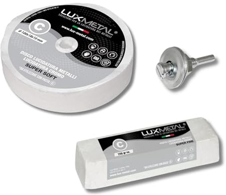 Lux Metal Kit 1 Slipande polerpasta 250 gr och 1 skiva Polering i bomull 100 mm (S-Fin) För Polering Metaller Rostfritt Stål Aluminium Glänsande Järn Krom Plexiglass Marmor Mässing Koppar Plast