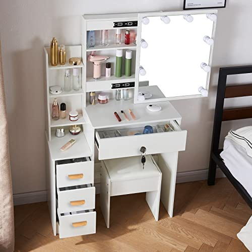 Erganza Toeletta Trucco con Luci, Luminosità Regolabile, Tavolo da Trucco con Specchio, 1 Sgabello, 4 Cassetti, 83x36x139cm, Bianco