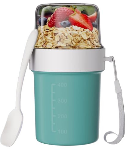 Wwtop Lunch Pot Ellipse avec Une Cuillère, Boîte à Repas Gobelet à Muesli, Tasse de Céréales, Coupe du Yaourt, Tasse à Emporter Convient au Congélateur, au Micro-Ondes, 560ml+310ml, Vert