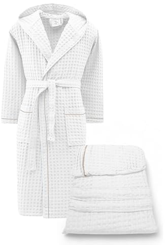 Tex family Accappatoio Uomo Donna in Cotone con Cappuccio, BEE Apone Nido d’Ape, Colore Bianco, Asciugatura Rapida, Morbido - M