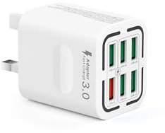 USB Plug UK, 50W 6-Port USB Wall Charger Plug Multi Port Power Adapter + QC Wall Plug Multiport Mains Charging Plug for iPhone 16 15 14 13 12 11 Pro Max SE XS XR Plus, Samsung, iPad, AirPod