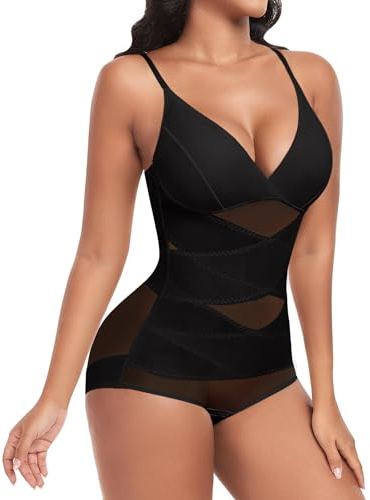 Niwicee Body Moldeador Mujer Fajas Reductoras Shapewear Cruz de Malla Control de Abdomen Bodysuit Body Shaper Reductor Invisible Posparto con Almohadillas Extraíbles Bodysuit(Negro,S)