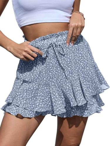 Yutdeng Pantalón Corto Mujer Verano Shorts Bohemio Bermudas Gasa Falda Corta Floral Pantalones Cortos Mujer Cintura Alta Minifalda Pantalon Playa Fresco Pantalon Corto Pierna Volantes