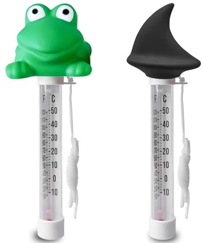2 termometri galleggianti per acqua, infrangibili, termometri per piscina, con corda, termometro, temperatura dell'acqua, per vasche idromassaggio in interni ed esterni (rana + squalo)