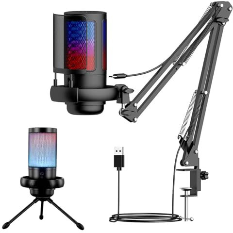 USB Microphone Kit, Noise Cancellation Condenser Microphones for PC, RGB Gaming Mic Kit with Boom Arm, Streaming Microphone with Touch Mute, Gain, Monitoring for Podcast, Youtube Titok, Recording