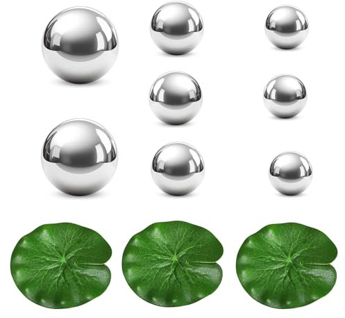 BDHYYM 8er Set Edelstahl Dekokugel Silber Spiegelkugel mit 3 Schwimmend Lotusblätter Schwimmkugeln 3 Größen 2.5 cm bis 6 cm für Mini Teich Deko Garten Teichdeko Miniteich Deko Kugeln