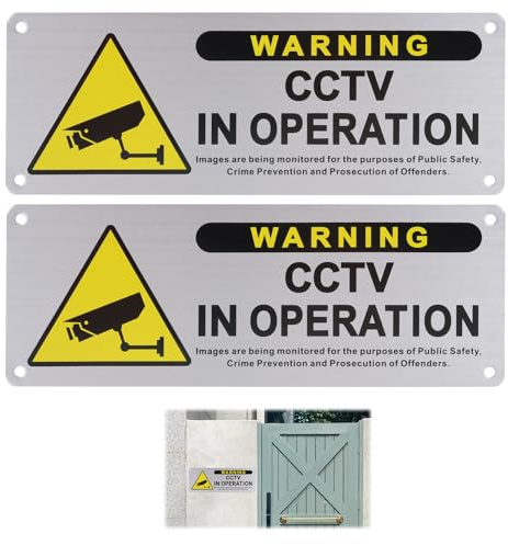 2-Pack Brushed Aluminium CCTV Signs, 3.5x9.8 Inches - Durable, Weatherproof and UV Resistant, Self-Adhesive and Pre-Drilled for Easy Installation, Outdoor Security Surveillance，With 4 Drilling
