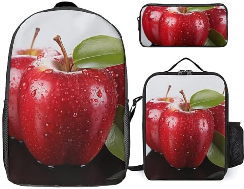 Zaino da 3 pezzi per donne e uomini, leggero, casual, borsa a tracolla, set con borsa termica per il pranzo e astuccio organizer con mela rossa