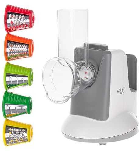 avenido Elektrischer Schneidemaschine, Gemüseschneider, Obst, Kartoffeln, Käse, 5 Ersatzaufsätze, 150 Watt, Reibe mit großen und kleinen Ösen, Reibe dünn und grob, püree, weiß-grau