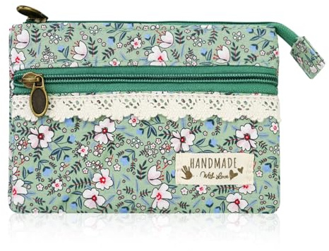 FuninCrea Small Coin Purses for Women and Girls with 2 Zipper Pockets, Floral Coin Pouch Small Womens Purse, Cotton Women Mini Wallets Portable Mini Purse for Card Change Key (Style 6)