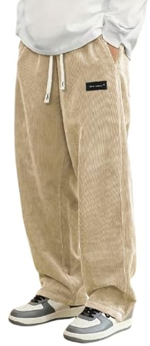 Corduroy Trousers Men Casual Solid Color Loose Fit Pants Autumn Winter Drawstring Trouser (UK, Alpha, L, Regular, Regular, Khaki)