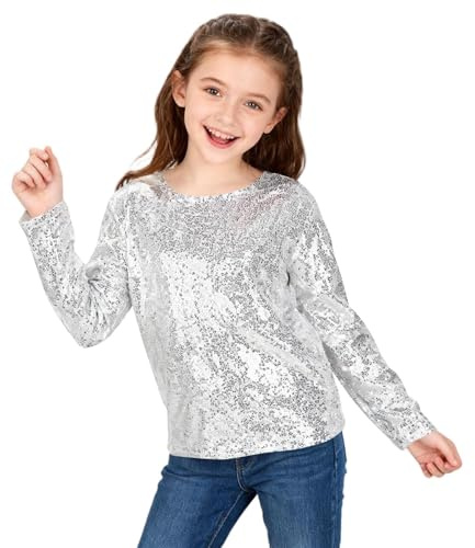 Generisch Langarmshirt Mädchen Pailletten Bedruckt Pullover Kinder Rundhal Glitzershirt Einfarbig Longsleeve Frühjahr Autumn Bluseshirt Bequem Oberteile Cropped Top für Mädchen Festliche Oberteile