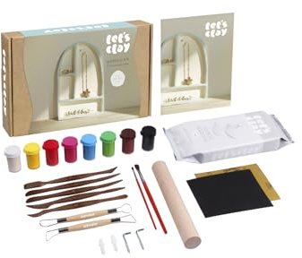 LET'S CLAY - Kit de cerámica de secado al aire para adultos - Arcilla blanca, herramientas, pinturas y pinceles - Para hacer un estante y figuras