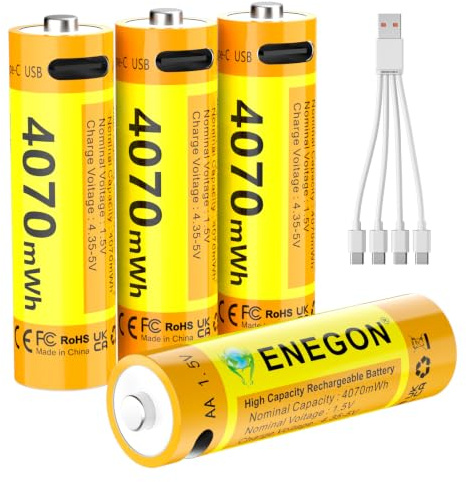 ENEGON Rechargeable AA Lithium Batteries 4-Pack, 1.5V 4070mWh High Capacity Battery with 4-in-1 USB-C Cable, Long Lasting for High-Drain Devices, 500+ Charge Cycles.