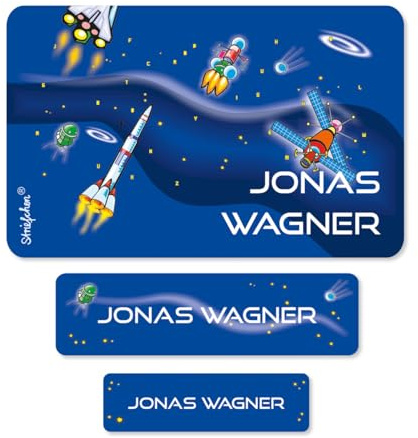 Striefchen® 100 Schuletiketten mit Wunschname Motiv: Weltall Ideal zur Einschulung oder Schulanfang