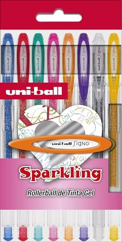 Uni Ball-etui 8 rullar med 120 gnistrande. Bläck geleffekt purpurpurina. Blandade färger.