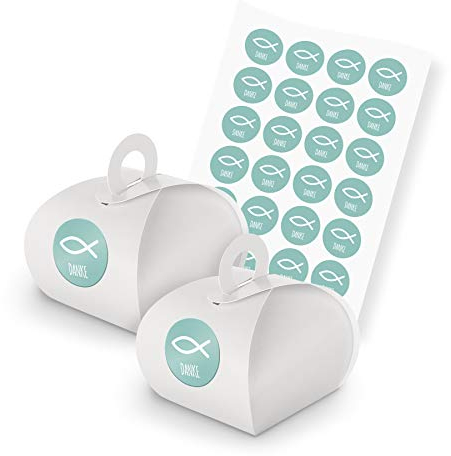 itenga Set Fisch 24x Geschenkschachteln inkl Sticker Aufkleber für Gastgeschenk Taufe Kommunion Konfirmation (Türkis (mit Text), Karton (Weiß))
