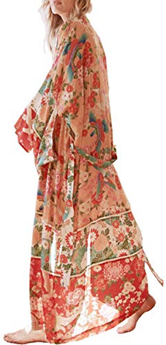 YouKD sommar lång kaftan, bohemisk, strand, bikini, överdrag, klänning, plusstorlek, kimono för kvinnor, Rött tryck, en storlek