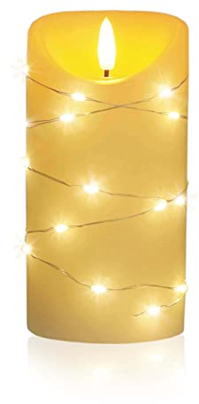 LED universum – LED-ljus Cynthia 15 cm, äkta vaxljus insvept med en LED-ljuskedja, krämfärgat varmt vitt ljus, 5 timmar timer, batteridriven: 2 x AA (ingår ej) (Cynthia 15 cm)