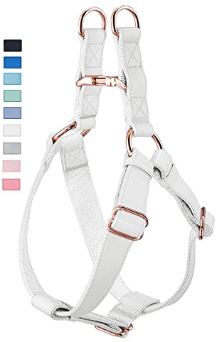 Soft Leather No Pull Dog Harness - Adjustable Step in Dog Harness with Rose Gold Heavy Duty Metal Buckle, Freedom Nylon Dog Halter Vests for Small Medium Large Dogs Easy Walking Training (White,M)