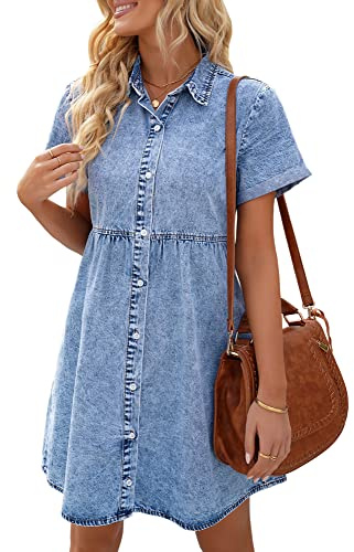 LookbookStore Holiday Dresses for Women 2026 Button Down Dress Casual Women Denim Babydoll Dress Short Midi Summer Oversized Denim Short Bay Blue Size M Babydoll Size 8 10