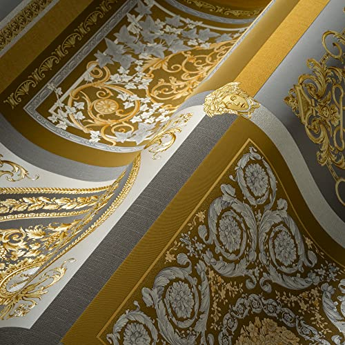 Versace Wallpaper Baroque Luxury Wallpaper Floral 387045 Gold Silver Grey Designer Logo Medusa 10.05 x 0.70 m Made in Germany