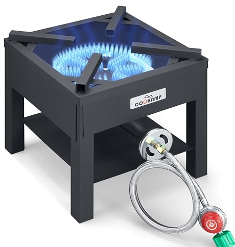 COOKAMP High Pressure Banjo 1-Burner Outdoor Propane Gas Cooker 260000 BTU with 0-30 PSI Adjustable Regulator and Steel Braided Hose For Outdoor Cooking Turkey Fry (BALCK) SA1750