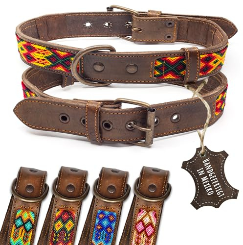 ALTEZAR Lederhalsband Hund - Doppelt Tribal Bestickt Feuer-Rot Braun - Hochwertig verarbeitetes Hundehalsband Leder - Handgemacht in Mexiko - Größe L - Halsband Hund für große Hunde Leder breit
